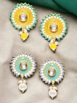 OOMPH - Turquoise Firozi Blue and Yellow Minakari Drop Earrings (Pack of 2)