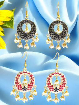 OOMPH - Minakari Black and Pink Enamel Ethnic Chandbali Earrings (Pack of 2)