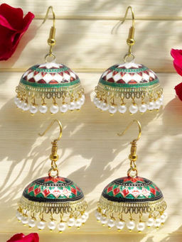 OOMPH - Minakari Green and Red Floral Ethnic Jhumka Earrings (Pack of 2)