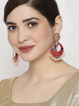 OOMPH - Red Minakari Kundan and Pearls Studded Chandbali Earrings