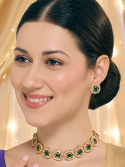 OOMPH - Green and White Kemp Stone Indo-Western Choker Necklace with Earrings