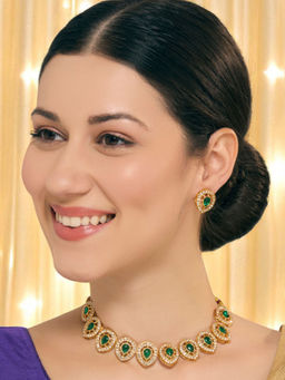 OOMPH - Green and White Kemp Stone Indo-Western Choker Necklace with Earrings