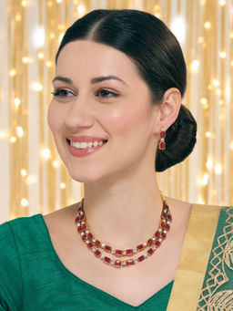 OOMPH - Maroon and White Ethnic Multi Layer Choker Necklace with Earrings