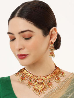 OOMPH - Gold Tone Ethnic Temple Necklace Stone and Beads Jewellery Set