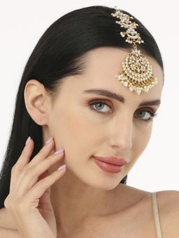 OOMPH - Gold Tone Kundan and Pearls Lotus Design Large Wedding Maang Tikka