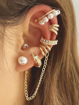 OOMPH - Gold and White Pearl Party Wear Ear Cuff Earrings For Women (Pack of 8)