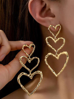 OOMPH - Gold Texture Triple Heart Party Wear Drop Earrings For Women