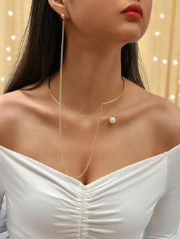 OOMPH - Pearl Open Choker Necklace with Attached Single Stud Earring Party Wear