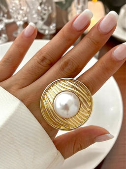 OOMPH - Gold Tone Adjustable Free Size Large Pearl Statement Ring