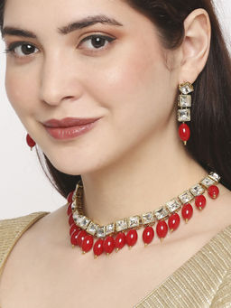 OOMPH - Maroon Beads and White Kundan Ethnic Necklace with Drop Earrings