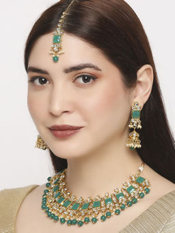 OOMPH - Green Bead and Kundan Choker Necklace with Drop Earrings and Maang Tikka