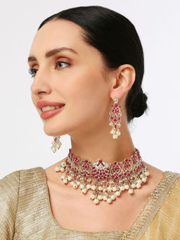 OOMPH - Pink Kundan and Pearls Jadau Lotus Necklace Set