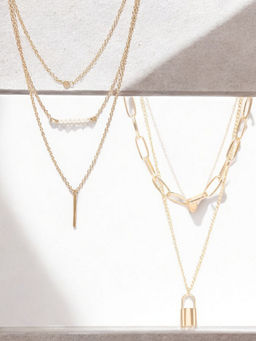 OOMPH - Gold Link Chain Lock and Beads Multi Layer Necklace For Women (Pack of 2)