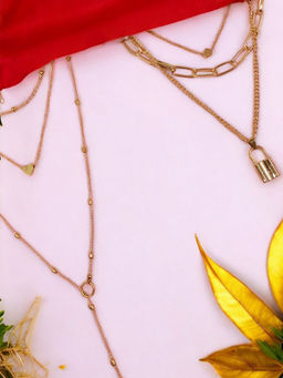 OOMPH - Gold Tone Link Chain Heart and Lock Multi Layer Necklace (Pack of 2)