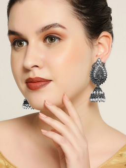 OOMPH - Silver Oxidised Jhumka Earrings Kundan in Peacock Design For Women