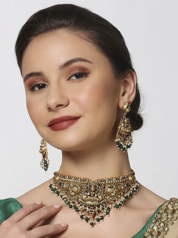 OOMPH - Antique Gold Tone Temple Jewellery Laxmi Choker Necklace Set