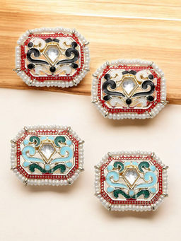 OOMPH - White and Ferozi Turquoise Blue Minakari Enamel Drop Earrings (Pack of 2)