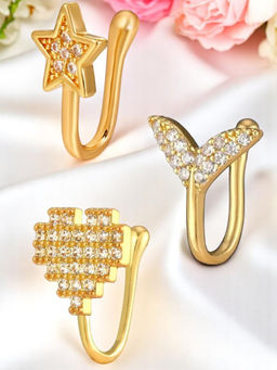 OOMPH - Star, Heart and Fish Fin Shape Nose Pin For Women (Pack of 3)
