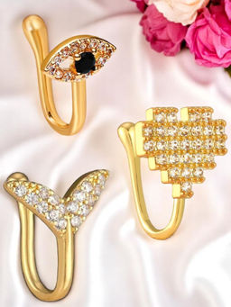 OOMPH - Heart, Fish Fin and Evil Eye Shape Nose Pin For Women (Pack of 3)