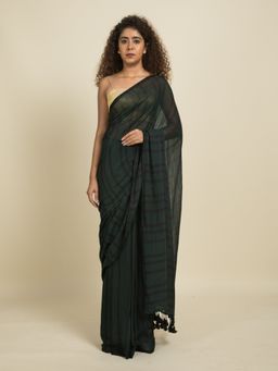 Suta - Bottle Green with Black Stripes Mul Cotton Saree