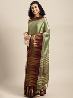Vastranand - Pista Green Zari Silk Blend Banarasi Saree with Unstitched Blouse