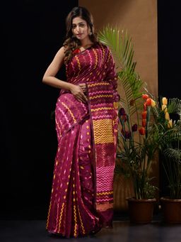 CHARUKRITI - Magenta Handwoven Saree with Chevron Patterns & Bird Motifs