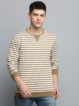 SHOWOFF - Mens Round Neck Striped Taupe Pullover Sweatshirt