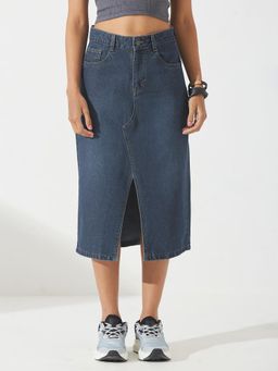 DOLCE CRUDO - Womens Dark Blue A-Line High-Rise - Non-stretchable Denim Midi Skirt