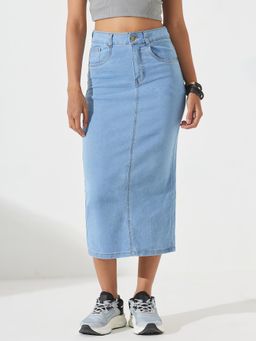 DOLCE CRUDO - Womens Light Blue Straight High Rise Midi Stretchable Denim Skirt