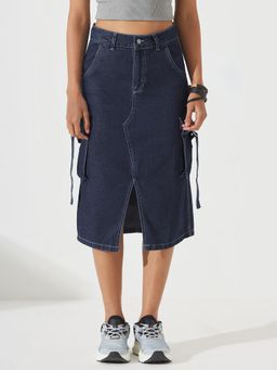 DOLCE CRUDO - Womens Navy Blue Straight High Rise Clean Look Midi Denim Skirt