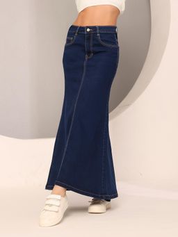 DOLCE CRUDO - Womens Dark Blue Flared High-Rise - Stretchable Denim Maxi Skirt