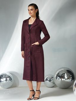 Miss Chase - Womens Wine Solid V-Neck Full Sleeves Longline Winter Wear Wintercoat