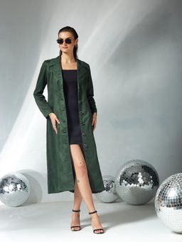 Miss Chase - Womens Dark Green Solid V-Neck Full Sleeves Longline Winter Wear Wintercoat