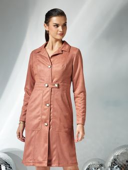 Miss Chase - Womens Dusty Peach Shirt-Collar Full Sleeves Longline Polyester Wintercoat