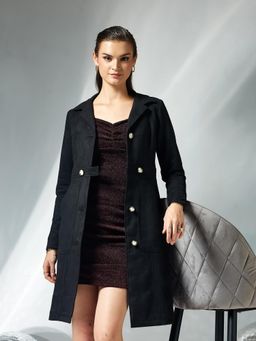 Miss Chase - Womens Black Solid Shirt Collar Full Sleeves Longline Wintercoat