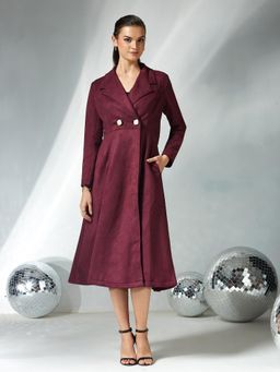 Miss Chase - Womens Wine Solid V-Neck Full Sleeves Longline Wintercoat