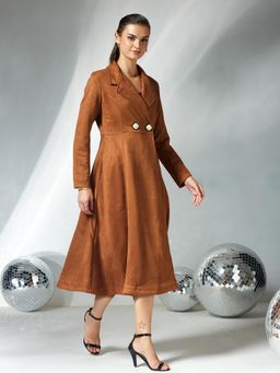 Miss Chase - Womens Brown Solid V-Neck Full Sleeves Longline Wintercoat