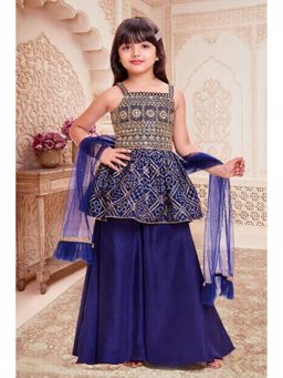 Lagorii - Navy Blue Embroidered Peplum Top with Palazzo & Dupatta