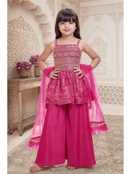 Lagorii - Pink Embroidered Peplum Top with Palazzo & Dupatta