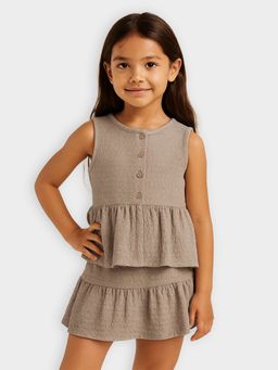 Mi Arcus - Girls Beige Textured Sleeveless Top and Skirt