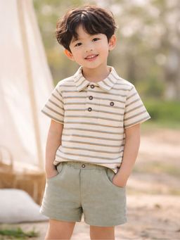 Mi Arcus - Boys Off White Stripes Polo T-shirt with Shorts