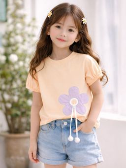 Mi Arcus - Girls Cotton Floral Design Fullsleeves T-shirt - Peach