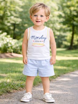 Mi Arcus - Kids White Graphic Sleeveless Vest with Shorts