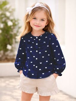 Mi Arcus - Cotton Printed Full Sleeves Top - Navy Blue