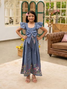 Fayon Kids - Girls Blue Embroidered Denim Jumpsuit