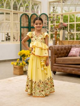 Fayon Kids - Girls Yellow Embroidered Top & Lehenga