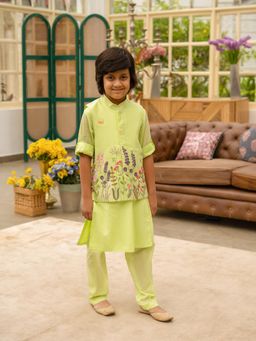Fayon Kids - Boys Green Embroidered Kurta with Pyjama & Nehru Jacket