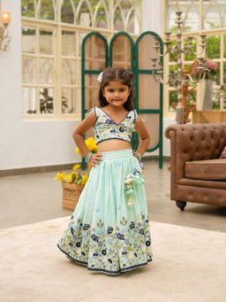 Fayon Kids - Girls Green Embroidered Choli & Lehenga
