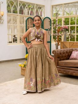 Fayon Kids - Girls Brown Embroidered Choli & Lehenga
