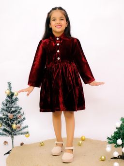 AJ Dezines - Maroon Velvet Full Sleeves Solid Dress